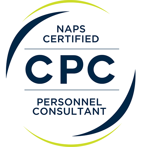 Circular NAPS Certified CPC Personnel Consultant logo with navy blue curves on white background and green border.